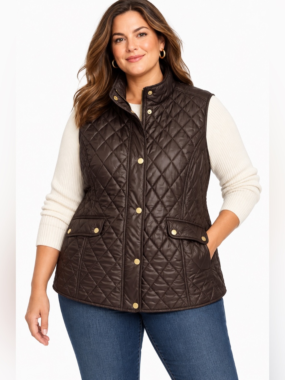 Talbots Woman 2X Brown Quilted Puffer Vest Gold Hardware Plus Size
